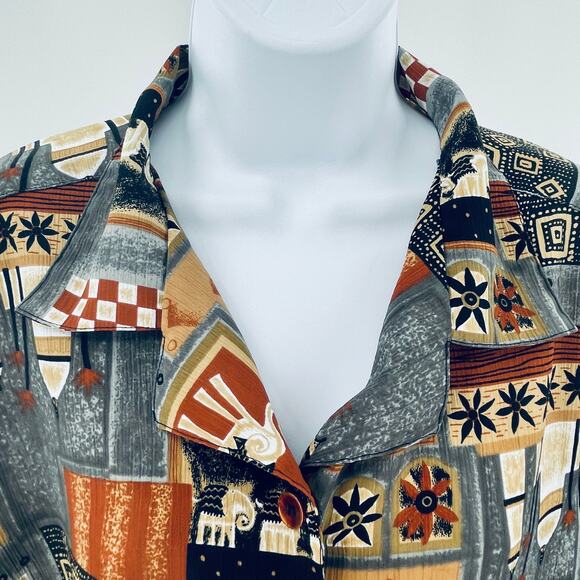 Vintage Ship 'n Shore Gray Brown Graphic India Button Short Sleeve Blouse XL - Picture 3 of 9